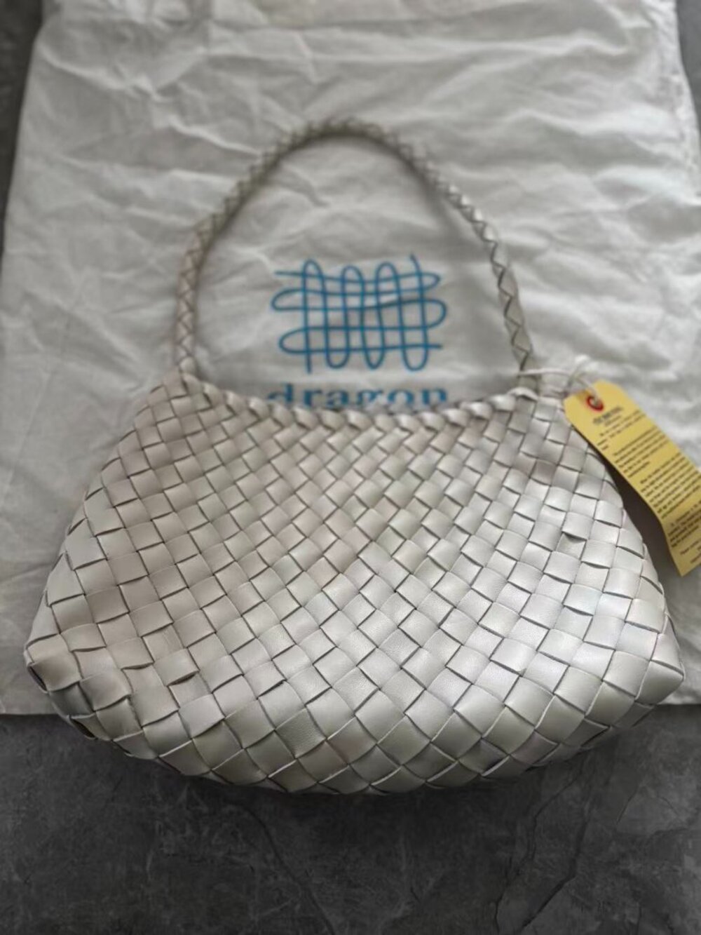 Dragon Diffusion Woven Leather Tote Bag Cream Ivory Handwoven Basket Style